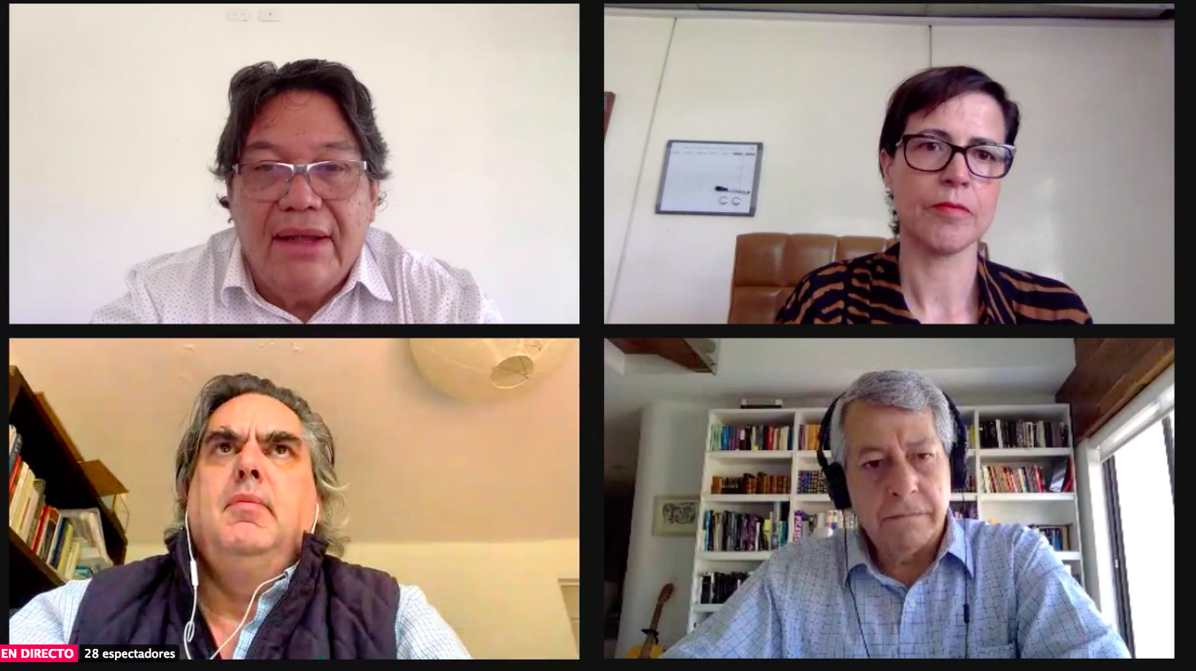 Arriba: Rogelio Gómez Hermosillo, coordinador Frente a la Pobreza, y la Dra. Graciela Teruel, directora del EQUIDE. Abajo: John Scott, investigador y profesor del CIDE, y Mauricio Merino, coordinador nacional del movimiento Nosotrxs, participaron en la conferencia de prensa.