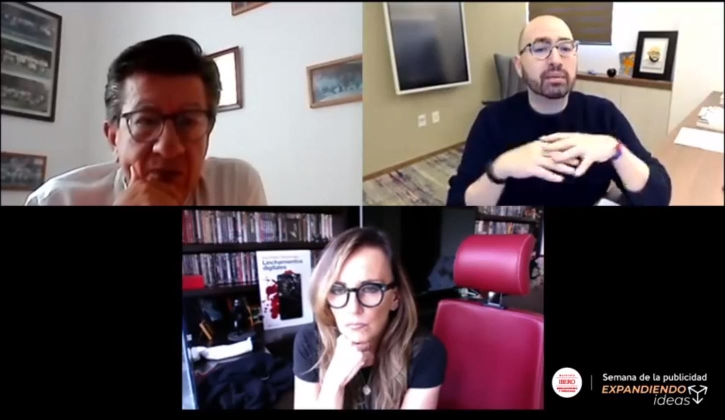 Alejandro Garnica, Claudio Flores y Ana María Olabuenaga, durante el webinar 'Comunicación contagiosa, la publicidad en el año de la pandemia'.