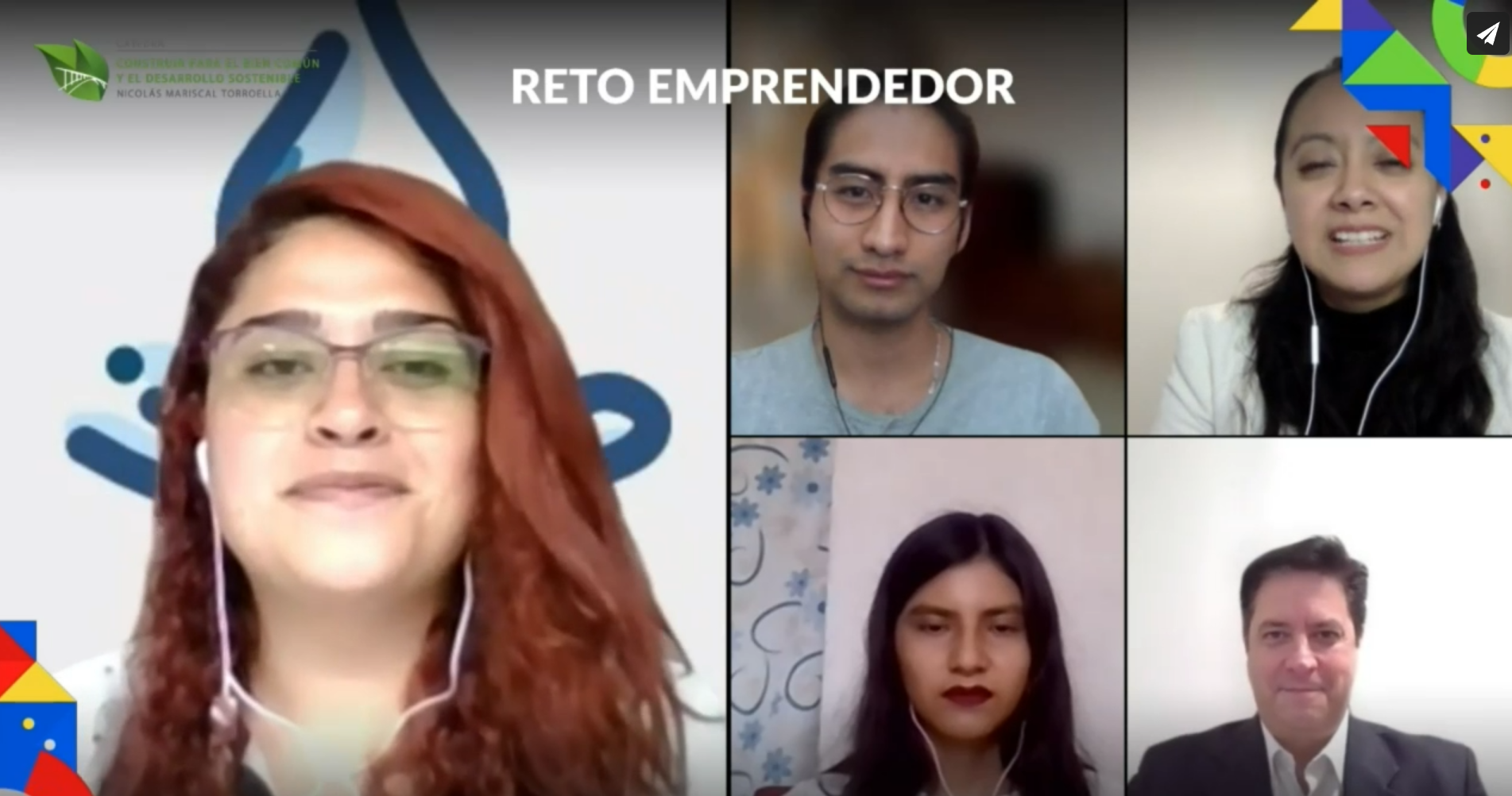 Karen Lorena Bello Delgado (recuadro grande), Fátima Romero Santos (cuadro inferior izquierdo) y Jesús Josef Argueta (cuadro superior izquierdo). Acompañan la Dra. Azucena Betanzos, secretaria del Reto Emprendedor; y Walter Zehle, secretario de la Cátedra.