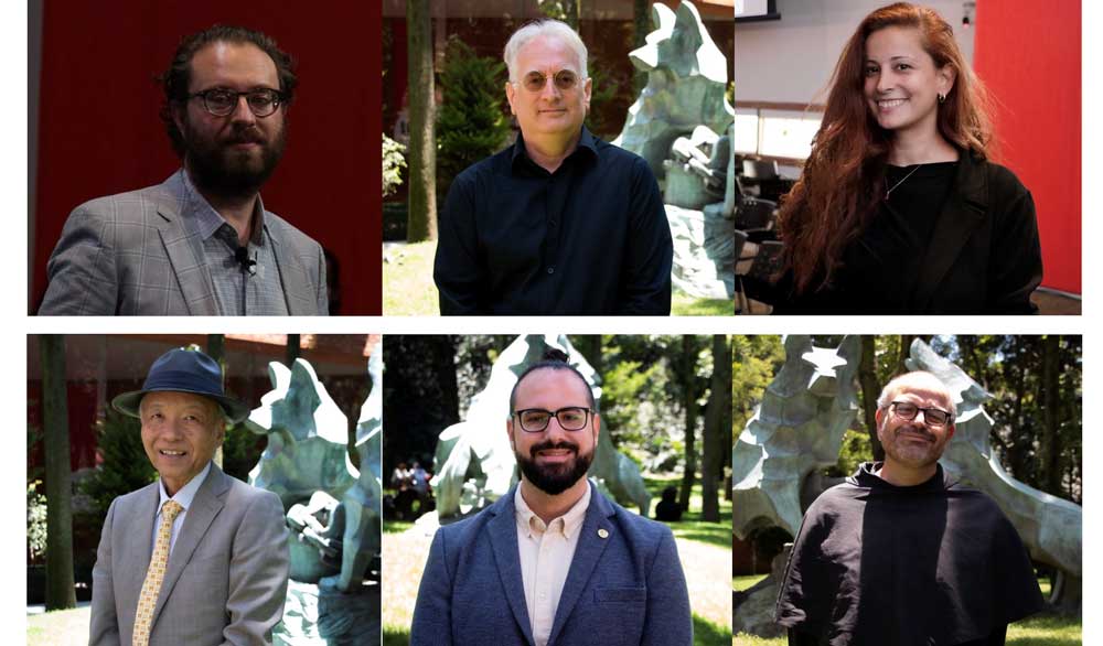 En la imagen, de izq. a der., el Dr. Ryan Abbott, el Dr. Wayne Holmes, la diseñadora arquitectónica Chantal Matar; abajo, el Dr. Minoru Asada, el Dr. Edmond Awad y el Dr. Paolo Benanti. Fotos: Alberto Hernández Mendoza.