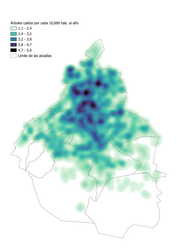 Mapa 1. Densidad de árboles caídos por cada 10 000 habitantes al año en la Ciudad de México