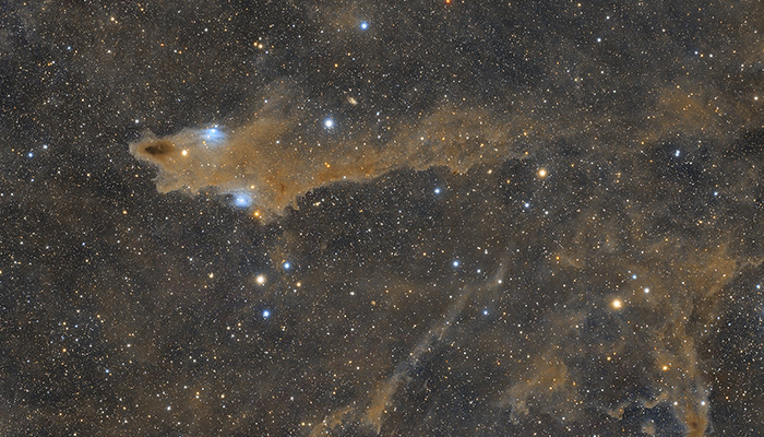 La imagen de fondo es una nebulosa oscura, compuesta principalmente de polvo, que se encuentra en nuestra galaxia y se observa en dirección de la costelación de Cefeo; por su forma es conocida como la nebulosa del tiburón. Foto: Clavius IBERO.